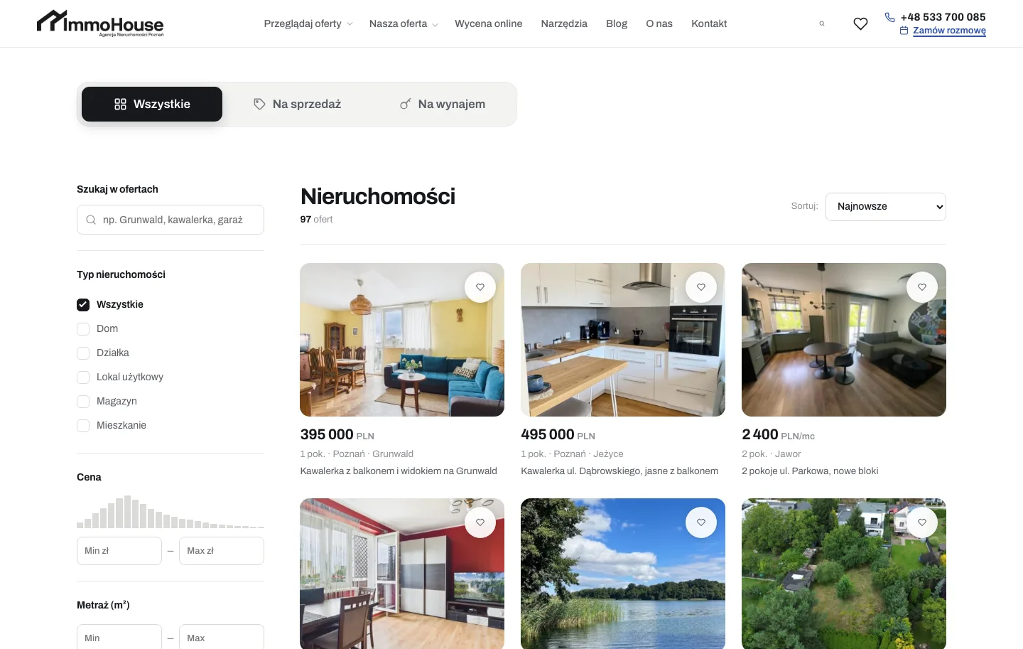 Lista ofert na immohouse.pl z filtrami, wyszukiwarką i kartami ofert zaciąganymi z Asari